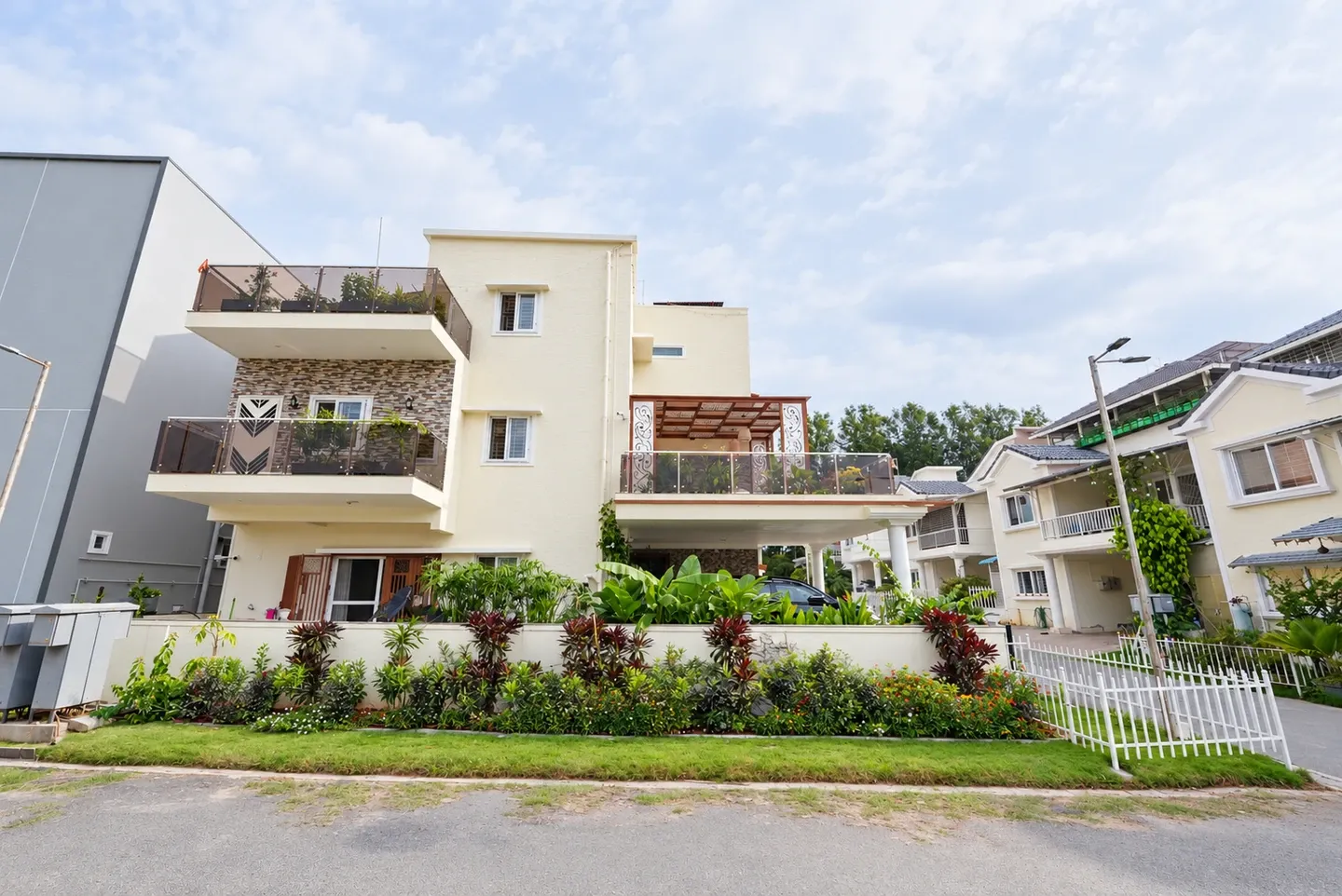Wide view of Abhishek’s villa and garden at Icon Sanctuary