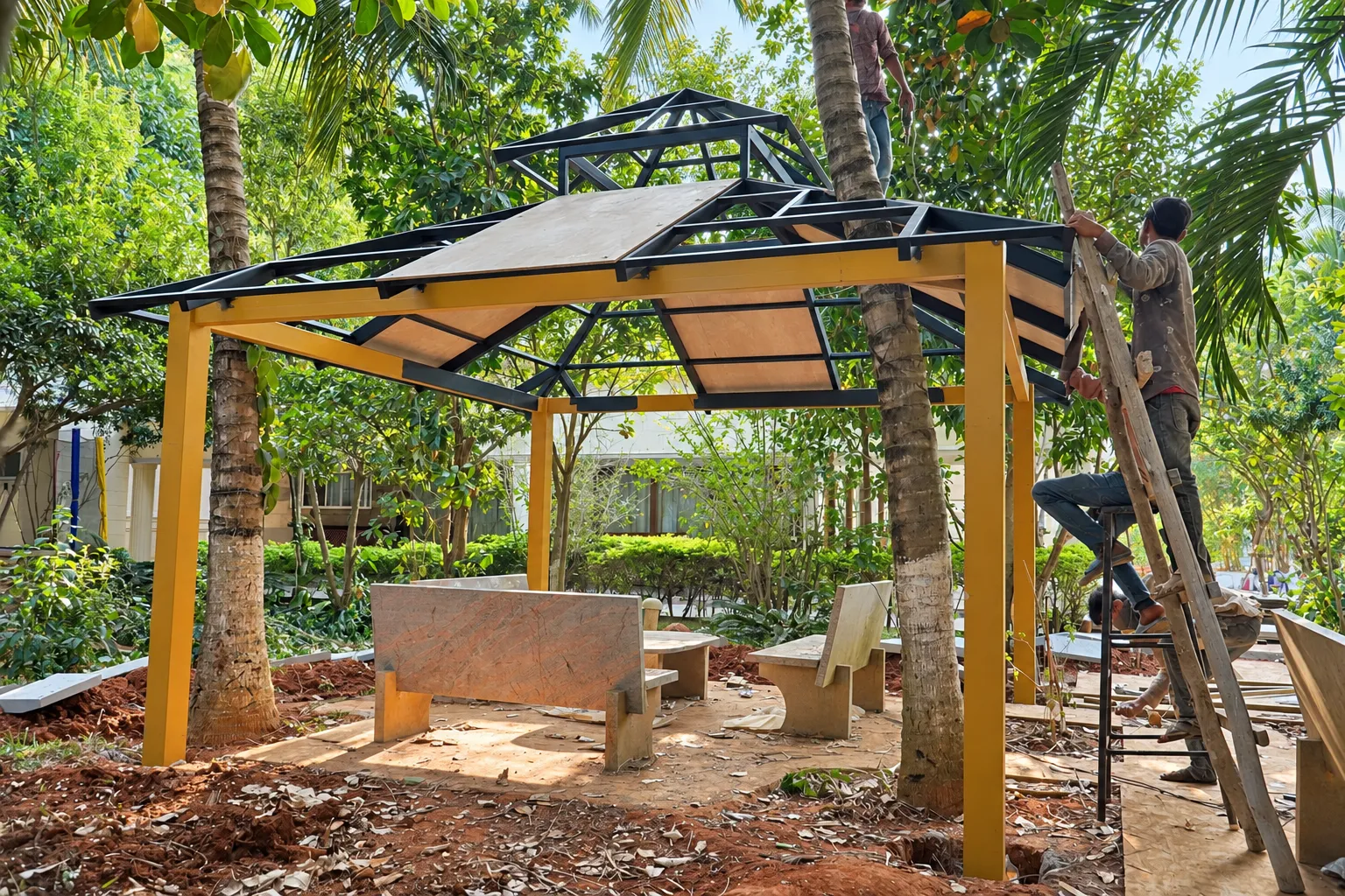 Garden gazebo roof installation in progress among trees