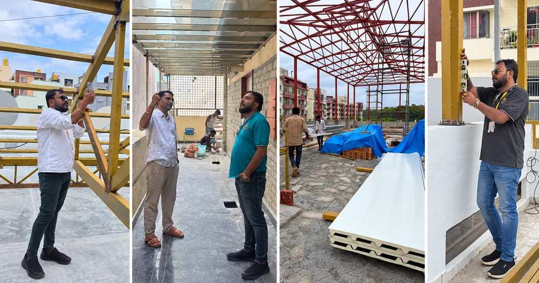 Four photographs of site discussions, steel frameworks and installation work