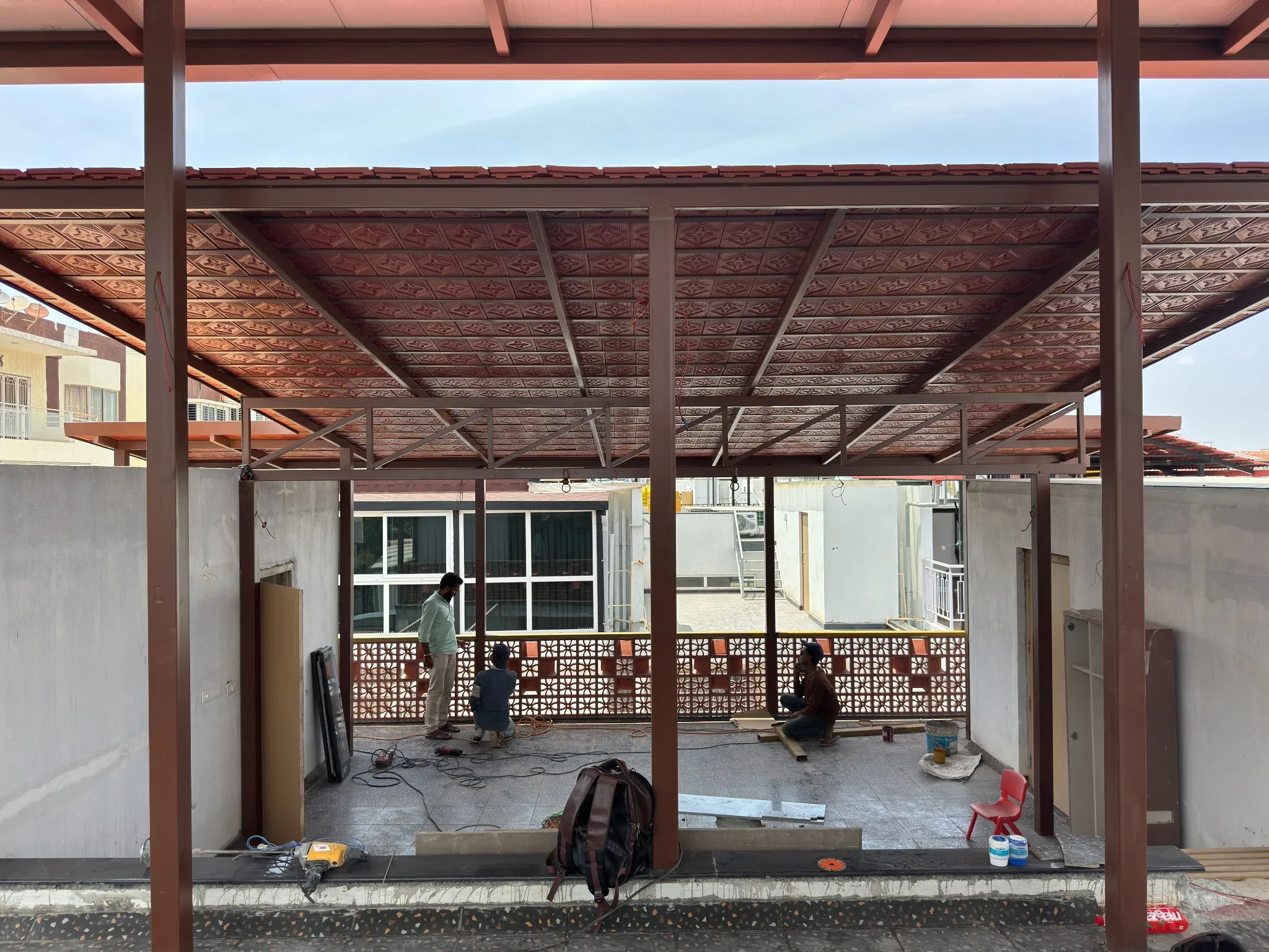 Steel framework and Mangalore tile roofing during installation