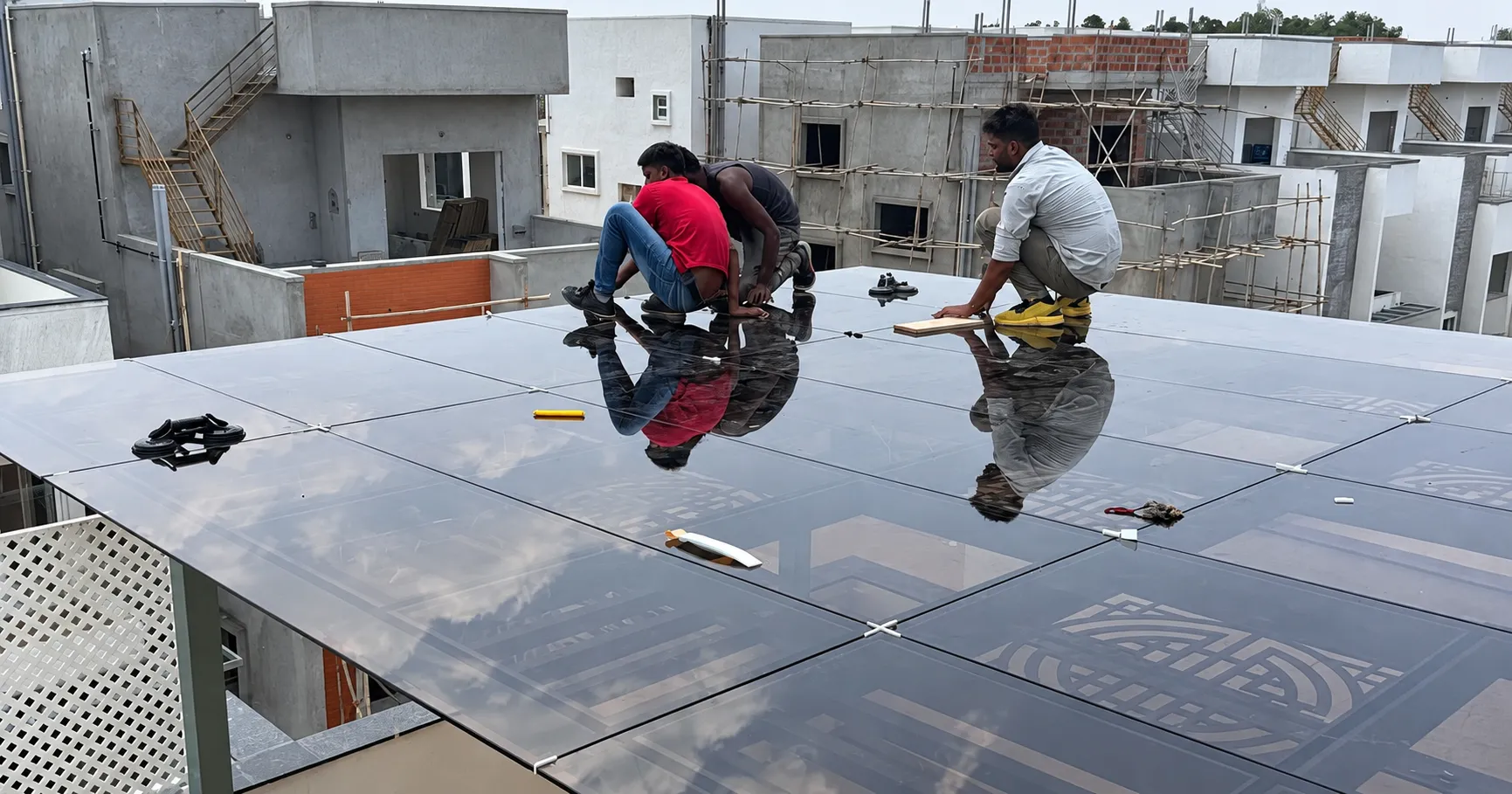 Installation team fitting glass roof panels on a terrace