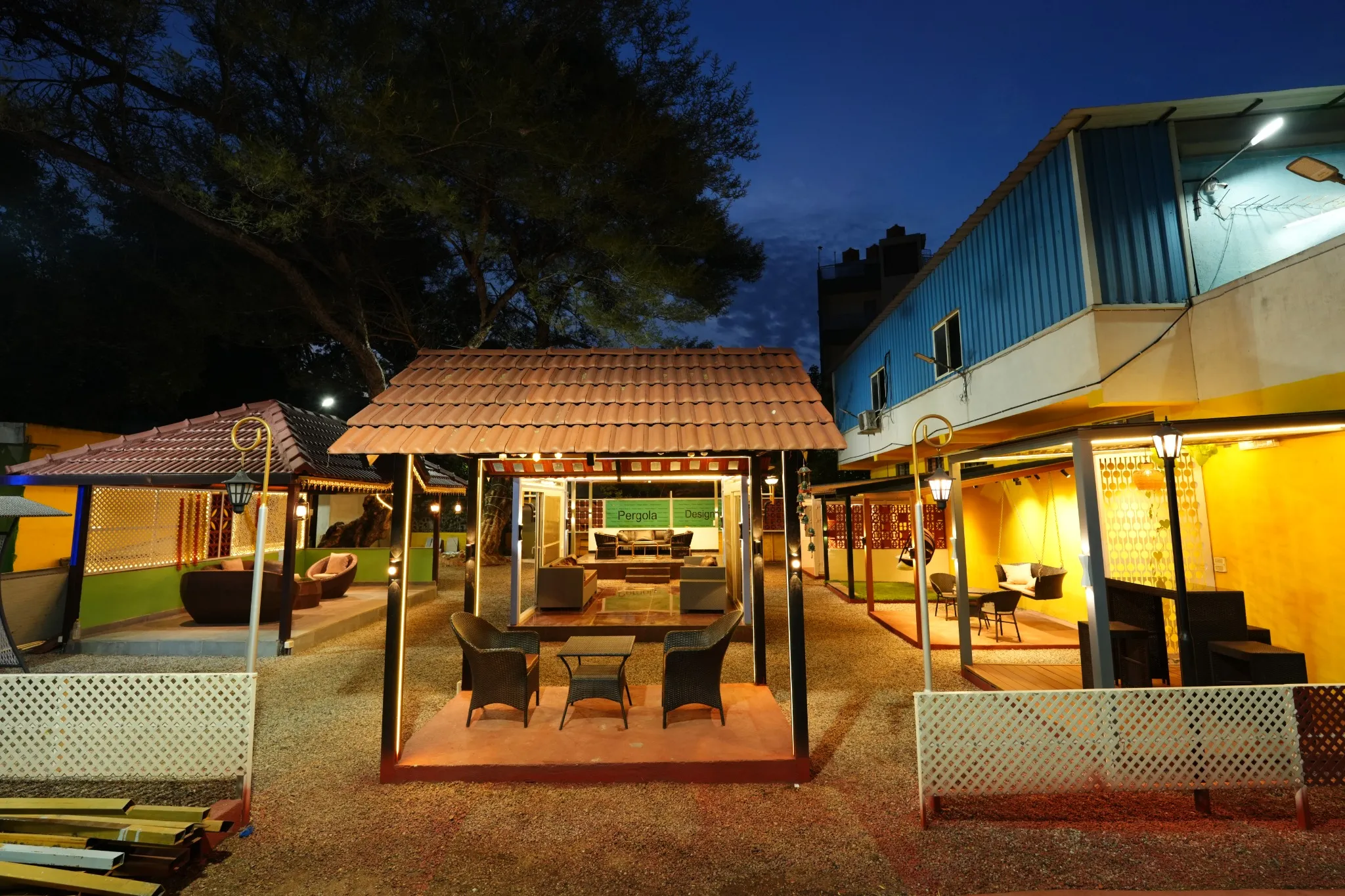 Pergola displays at the Experience Centre illuminated in the evening