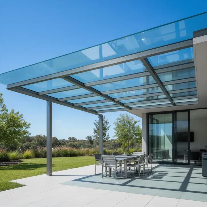 Sheltered outdoor seating beneath a clear glass canopy