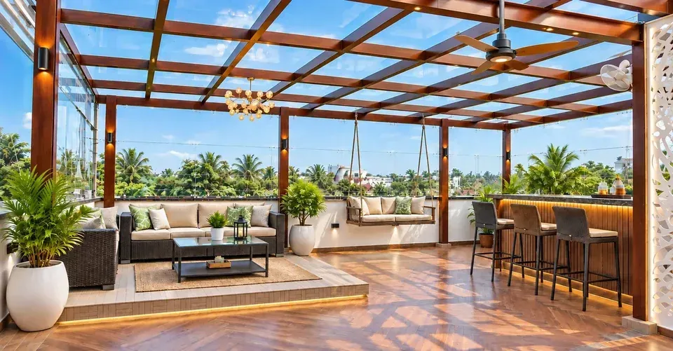 Glass-roof pergola above a rooftop lounge and entertaining area