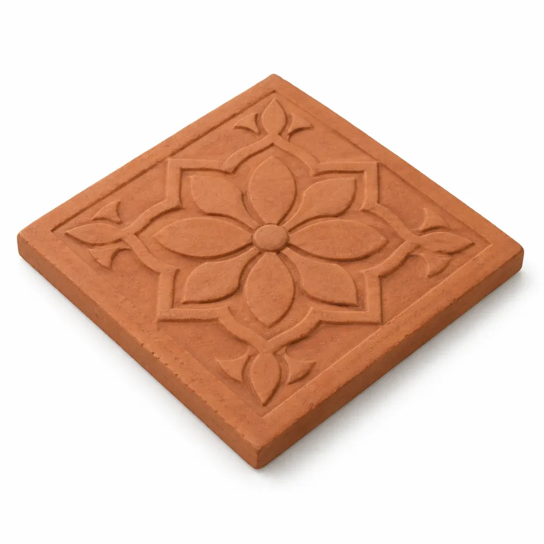 Illustration of a decorative terracotta bottom ceiling tile used beneath the outer tiles in a double-tile roof