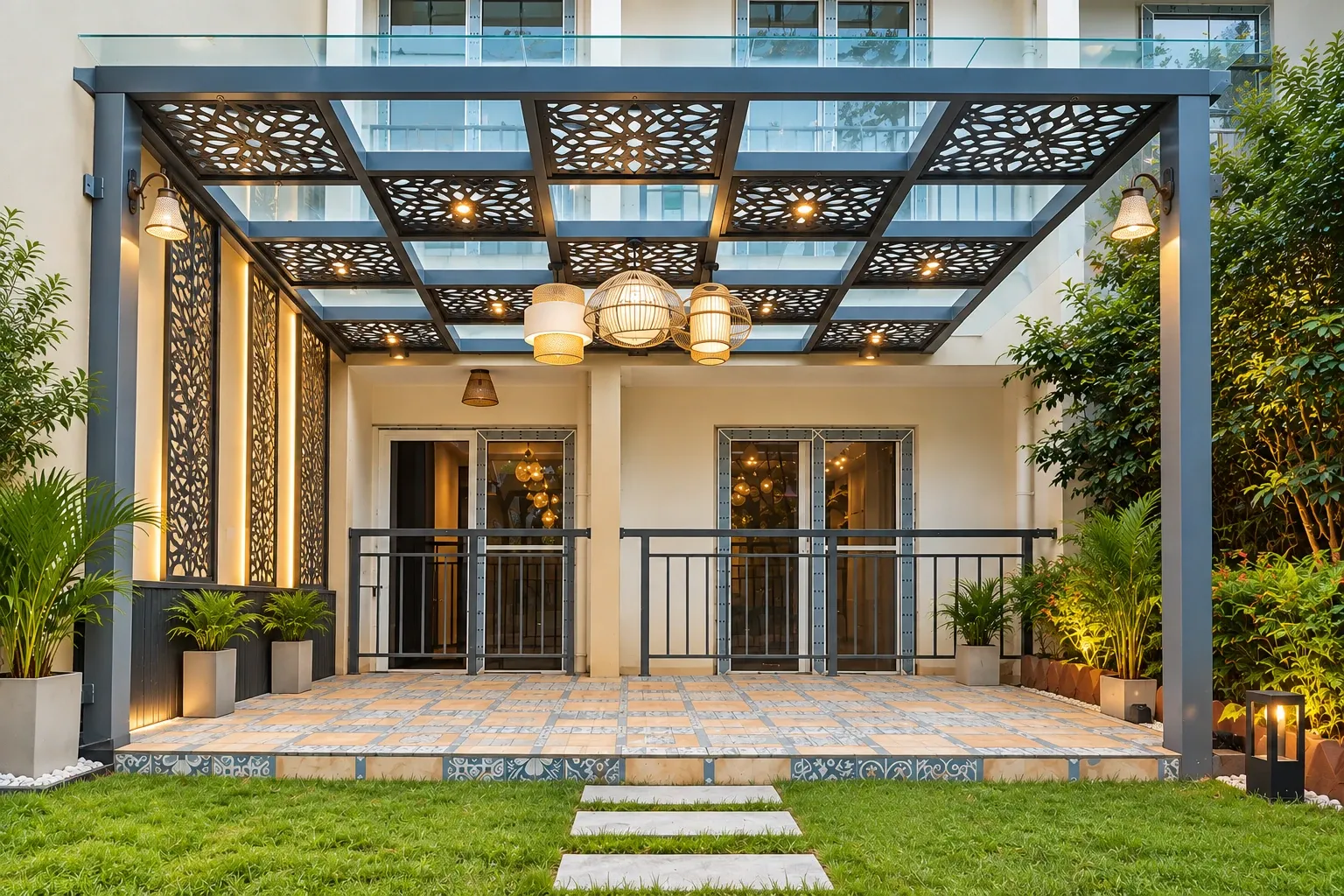 Decorative CNC roof panels and illuminated side screens framing a glass pergola