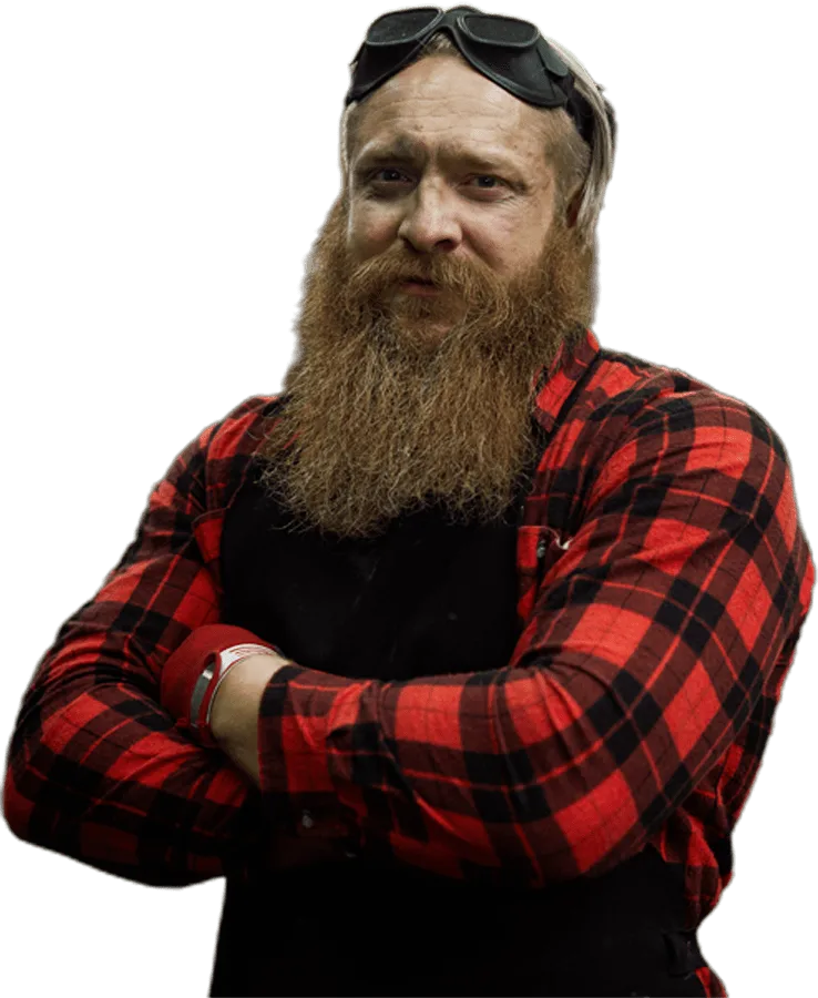 content blacksmith in safety goggles on head in we 3YWHTD7