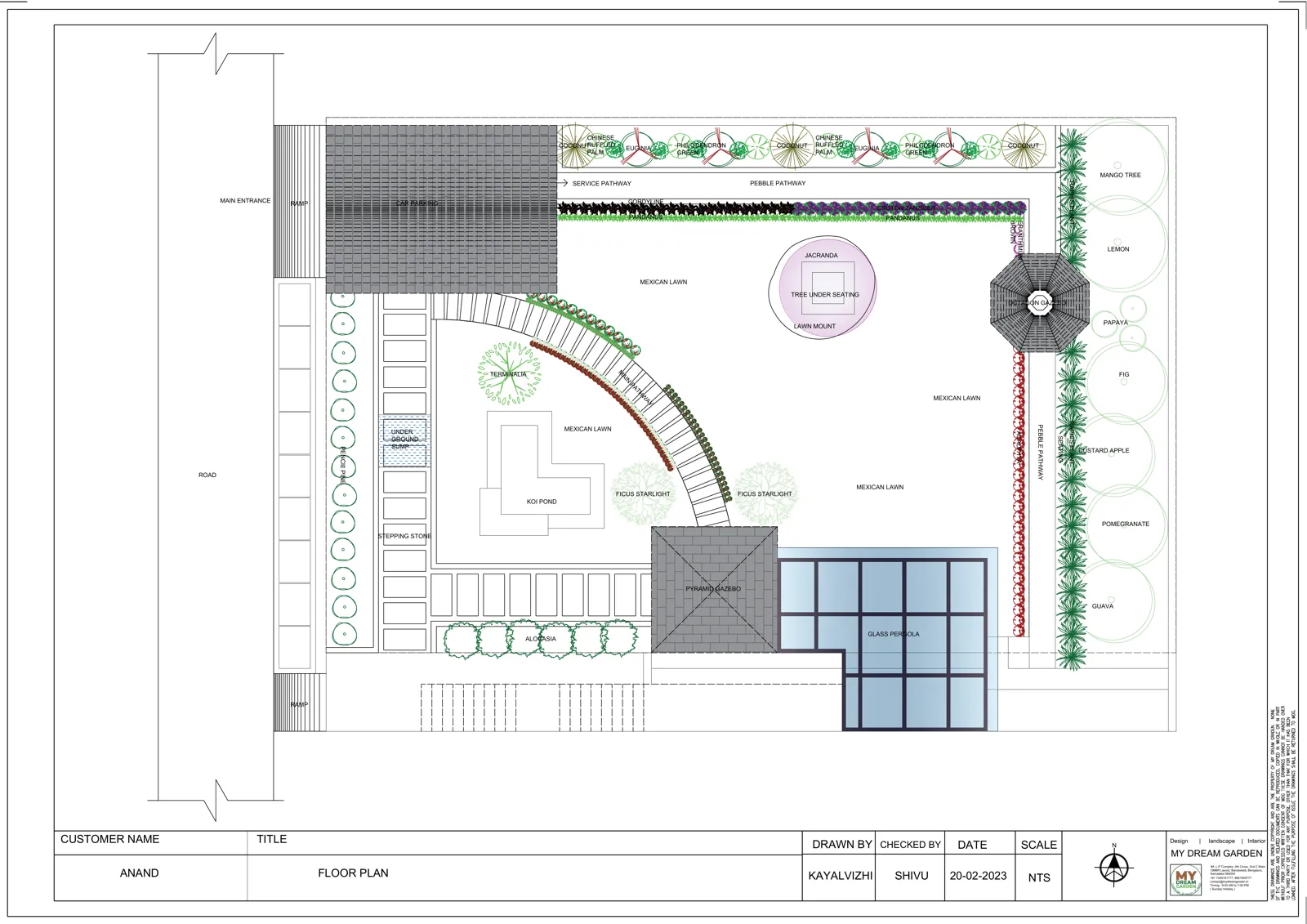 Co-ordination Plan for Mr Anand’s project: The overall layout brings together the car parking, pergolas, gazebo, lawn, pathways, planting and koi pond.