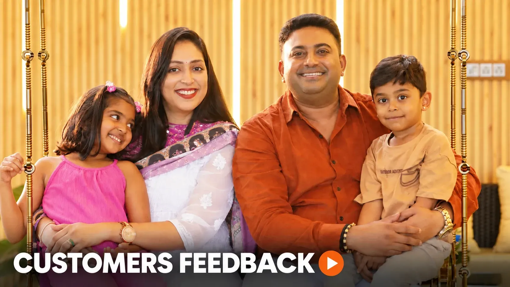 Family seated together on a swing, with a Customers Feedback title and play symbol