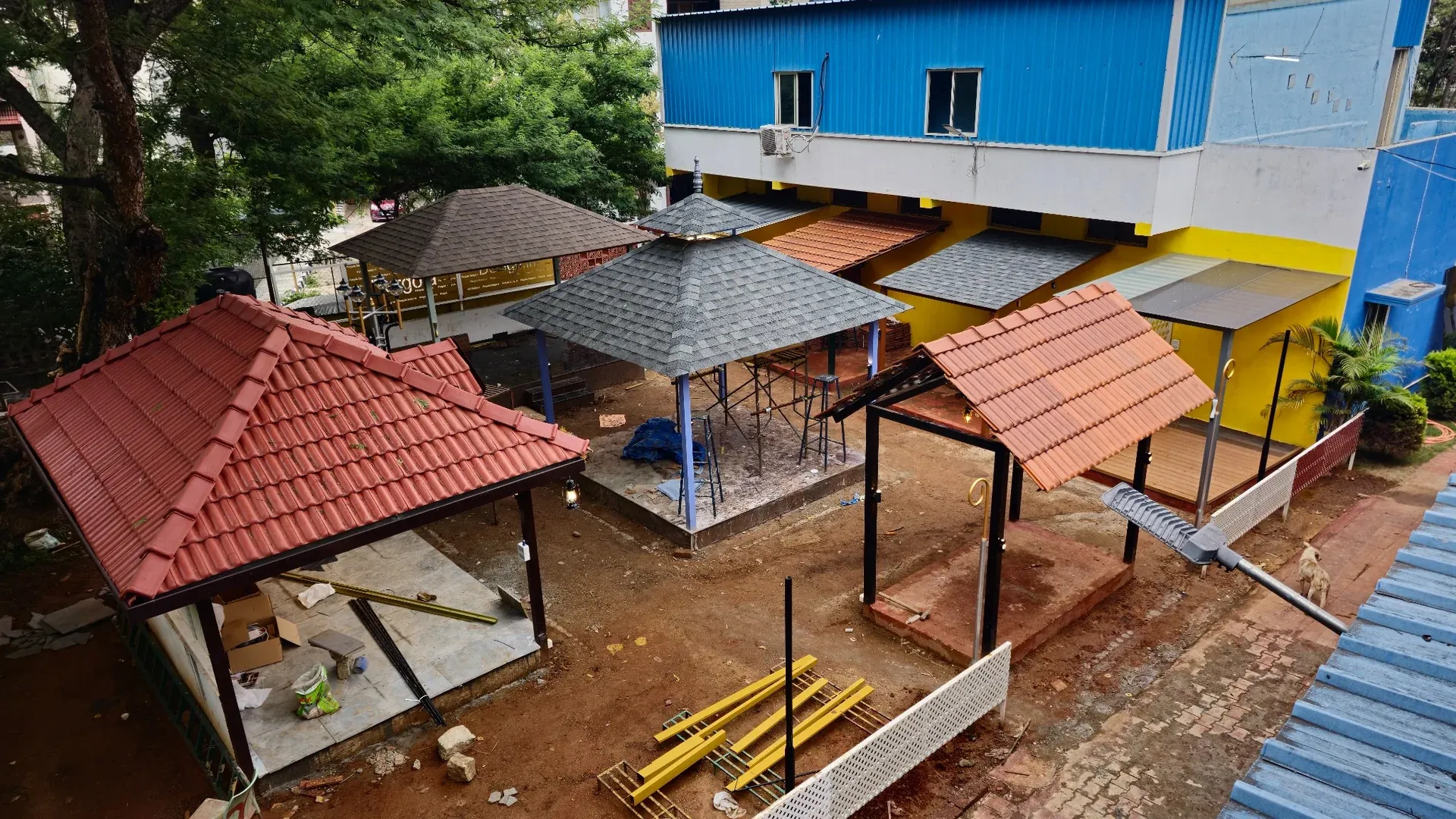 Elevated view of the different premium pergola roofs at the Experience Centre