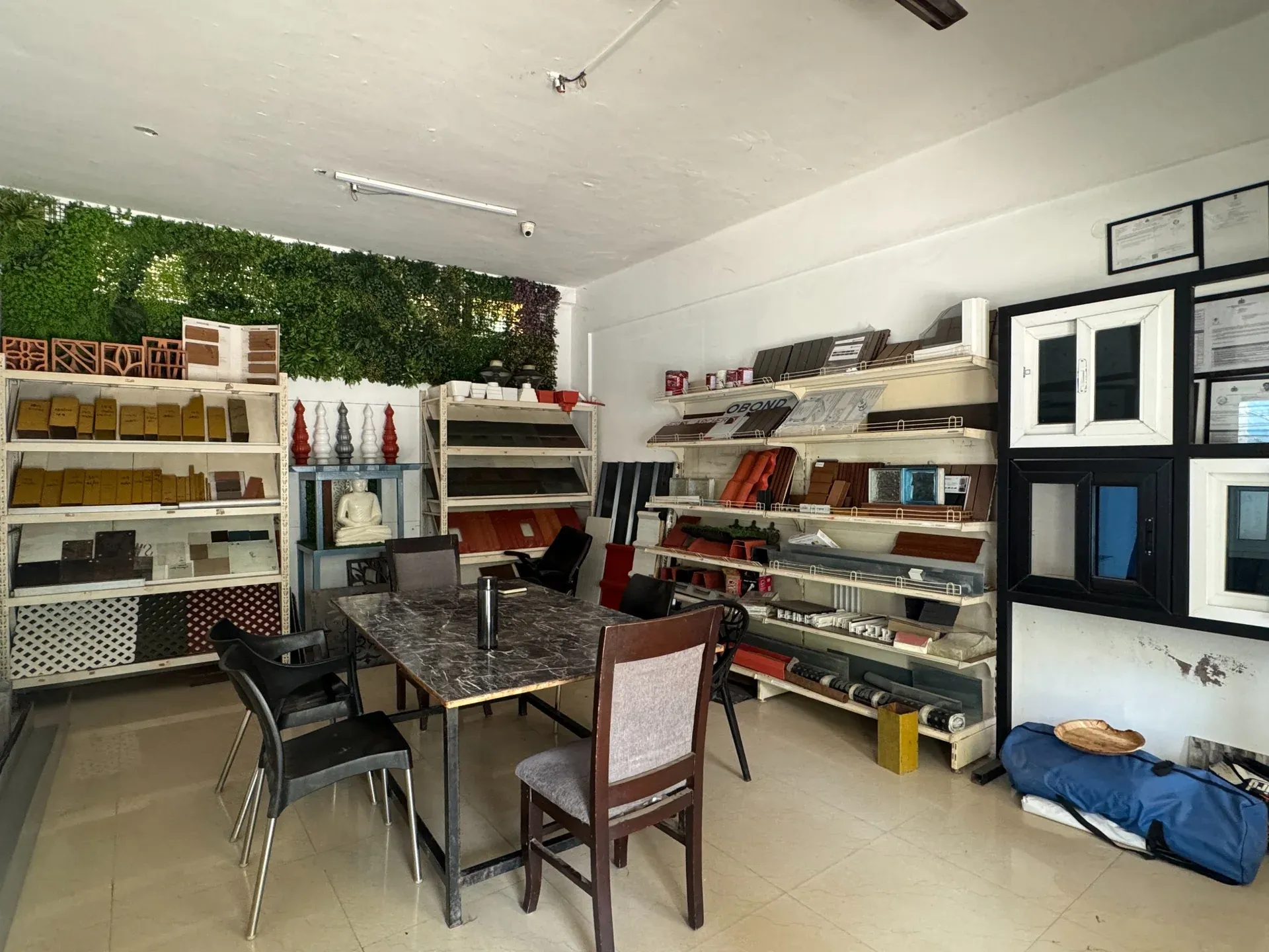 Indoor consultation area with material and finish samples