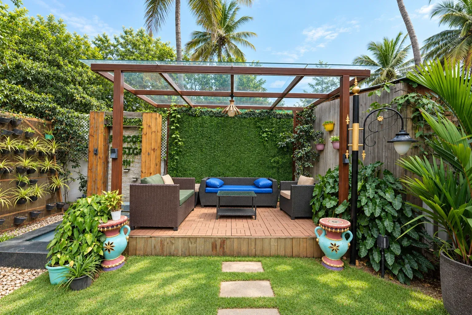 Premium Garden pergola with lounge seating and a planted backdrop