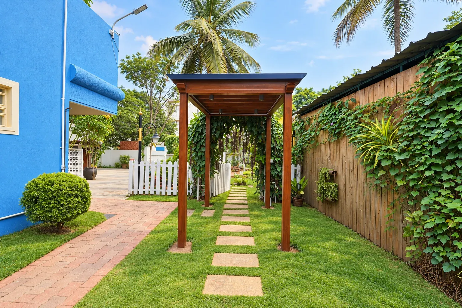 Slim premium garden pergola over a stepping-stone path
