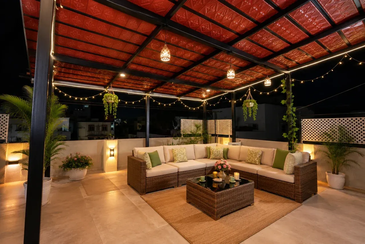 Enhanced view of corner seating, planters and pendant lights beneath Felicida Clement’s tiled pergola