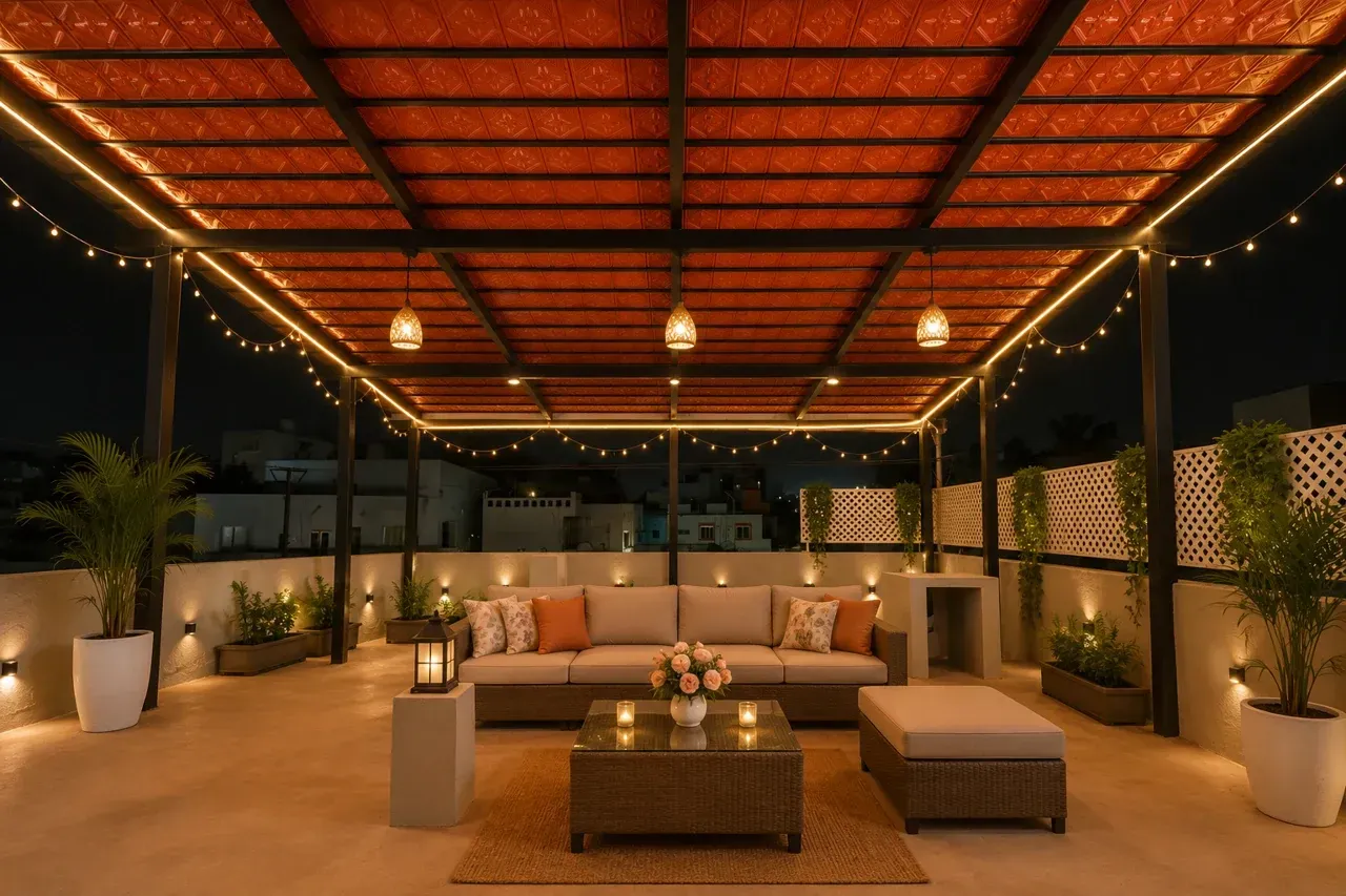 Enhanced wide view of Felicida Clement’s terrace with tiled roofing, lounge seating and warm evening lighting