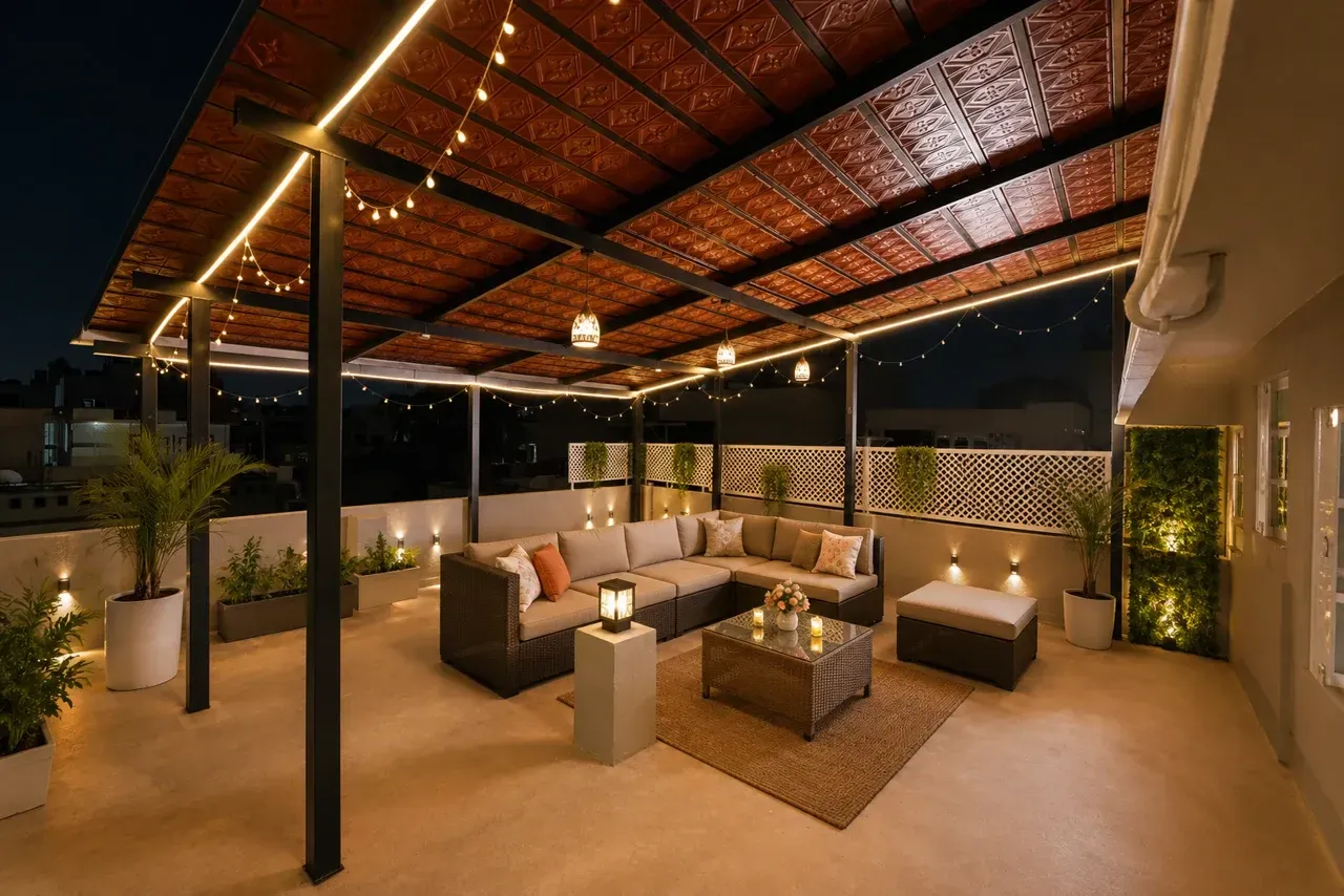 Enhanced side view of the Mangalore tile pergola with dark metal columns, terrace seating and plants