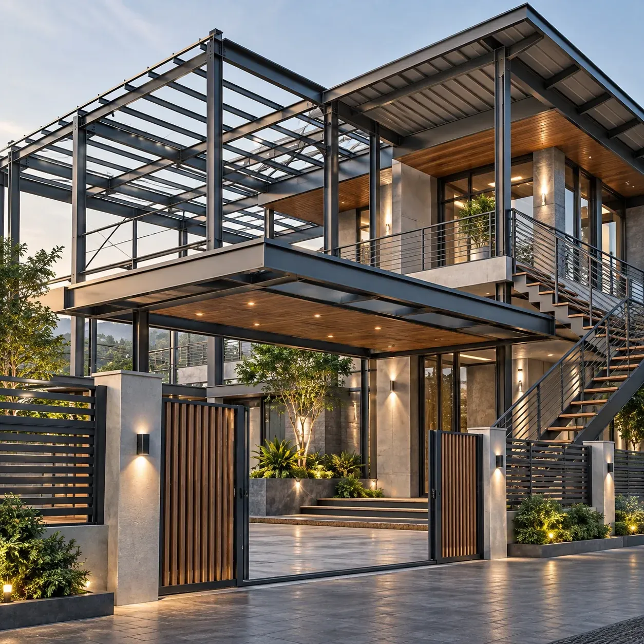 Building fabrication showing steel frameworks, roof structures, external staircase, railings and entrance gates