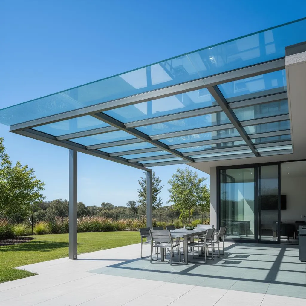 Clear glass canopy on a slim metal frame above an outdoor seating area