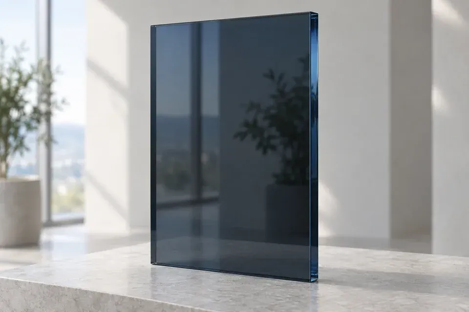 Bluish black tinted glass sample with polished edges and light visible through the pane