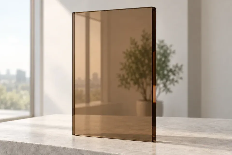 Bronze brown tinted glass sample with warm transparent reflections