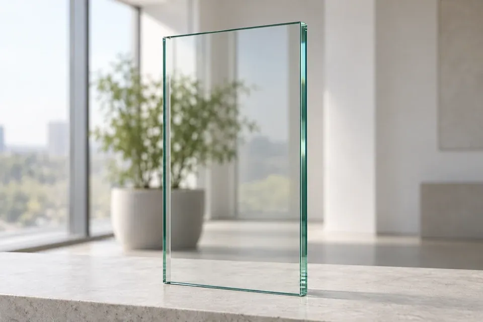 Clear glass sample with a transparent surface and polished green edges