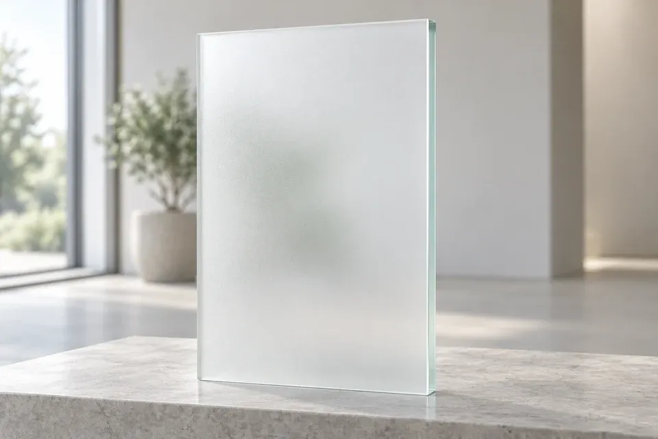Frosted white glass sample with a satin surface and softly diffused light