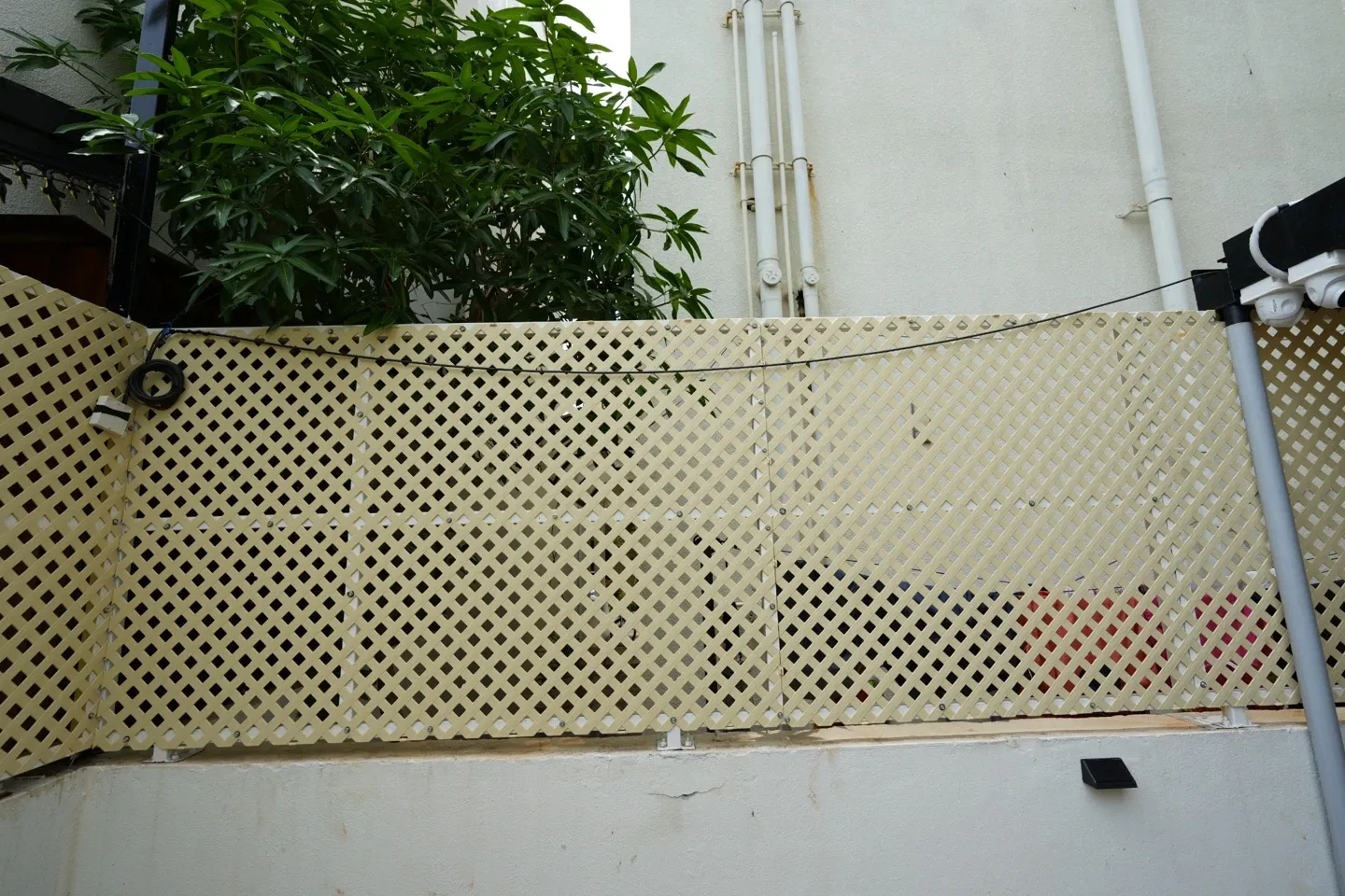 Close view of a diamond-pattern lattice privacy screen above a white garden wall