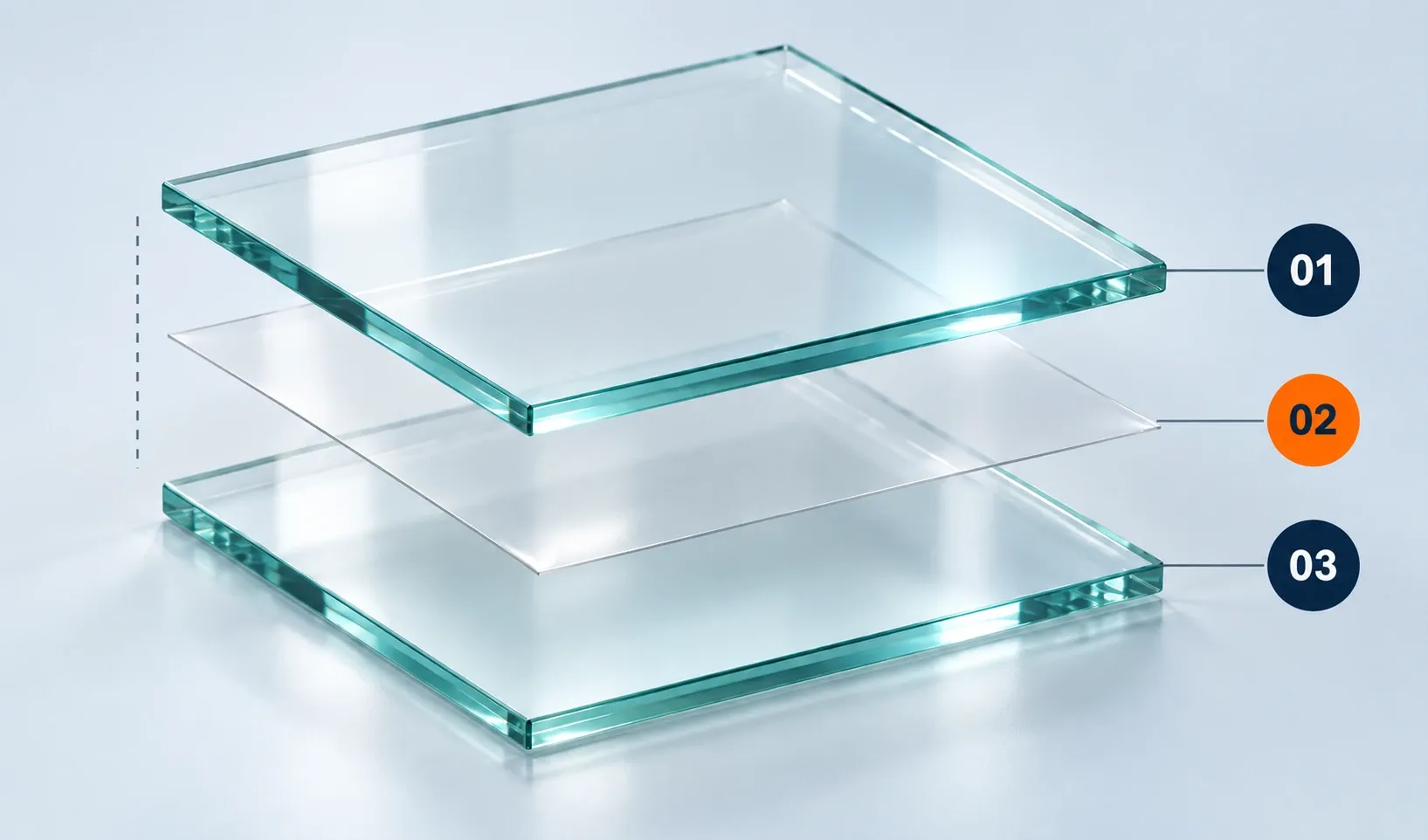 Realistic 3D layer illustration: two toughened glass panes with a thin, clear transparent bonding interlayer between them