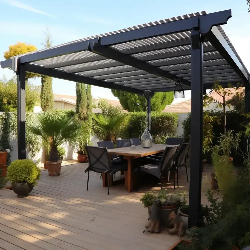 Freestanding metal-roofed outdoor seating area with a table, chairs and plants
