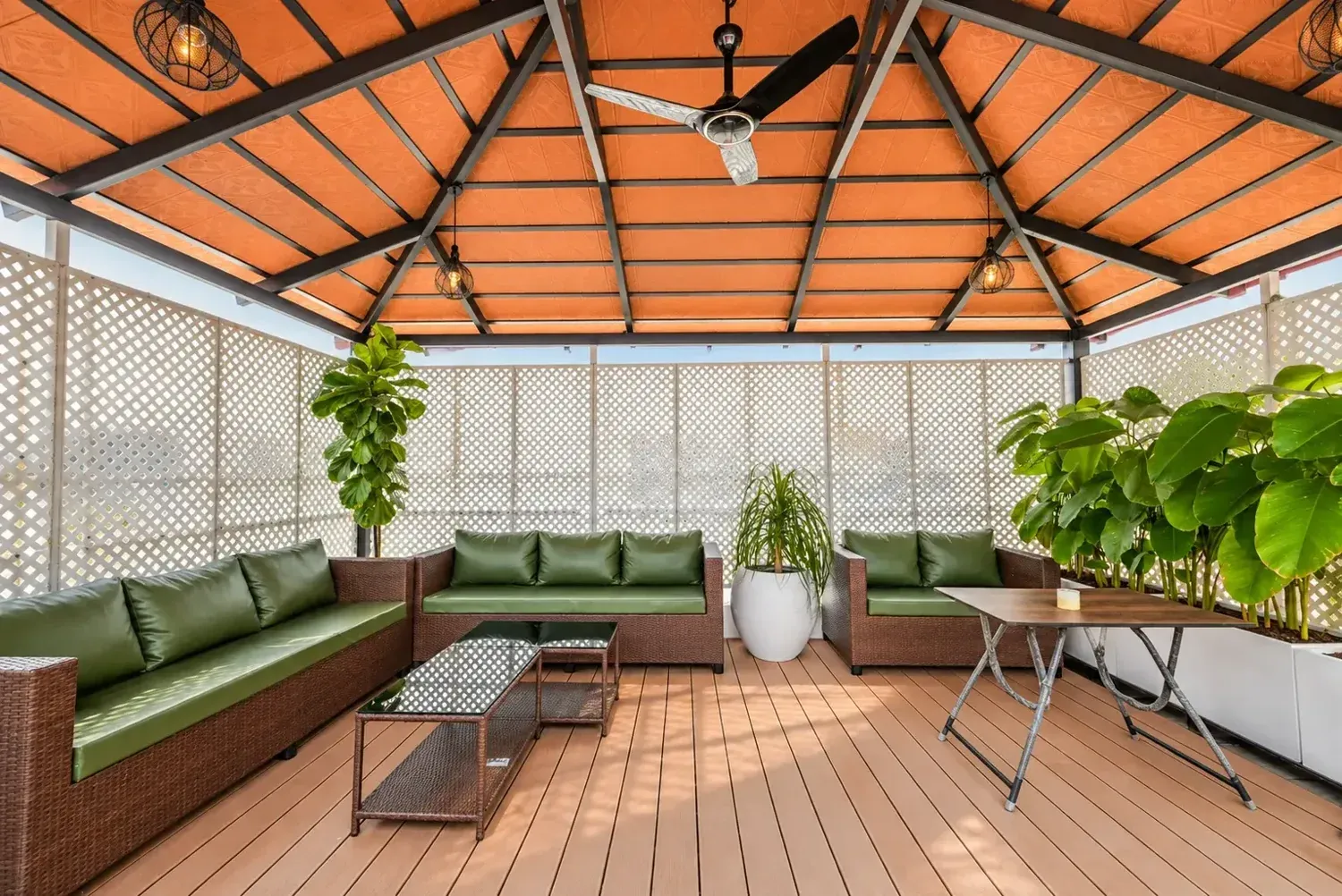 Mangalore clay tile pergola with a metal frame in an outdoor setting