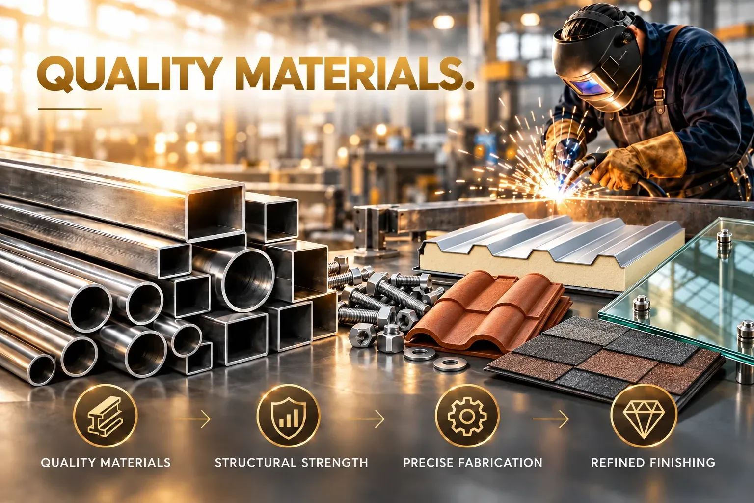 Quality materials for fabrication: steel sections, hardware, PUF roofing, Mangalore tiles, shingles and glass, with a welder at work