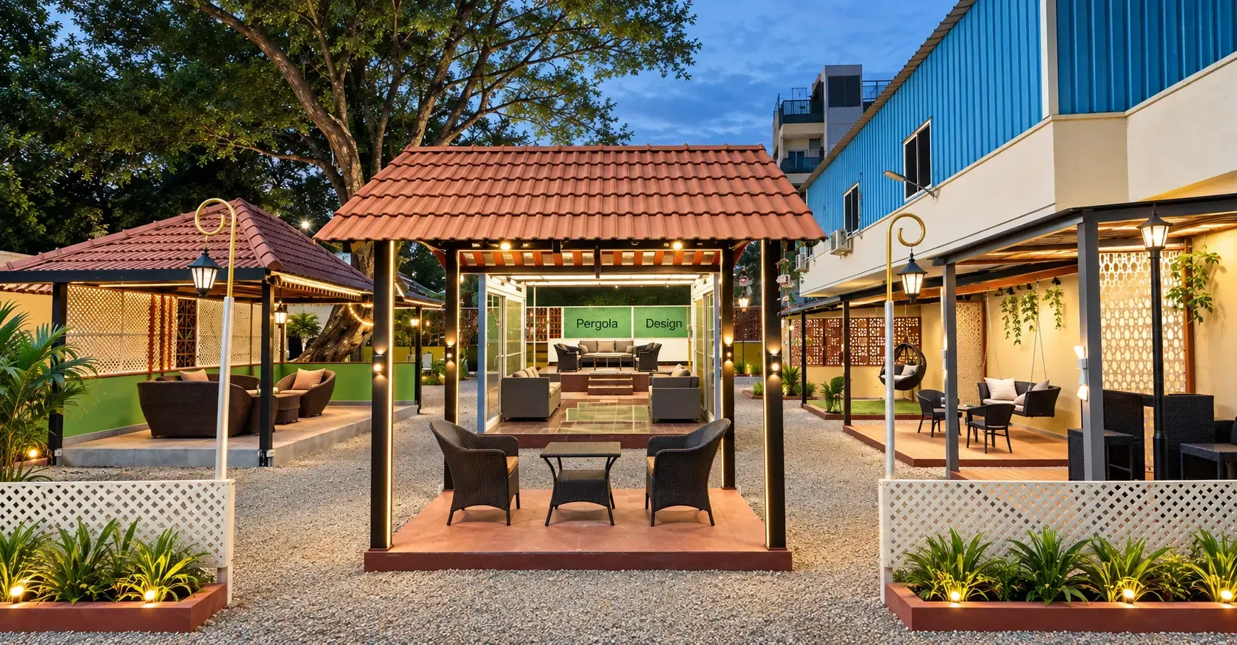 Premium Pergola displays and outdoor seating at the Banaswadi Experience Centre