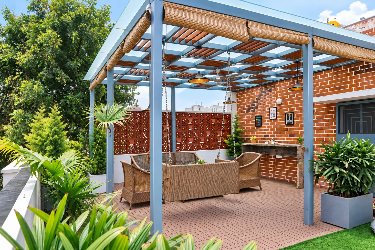 Glass-roof terrace pergola with bamboo blinds, a hanging seat and jali privacy screens