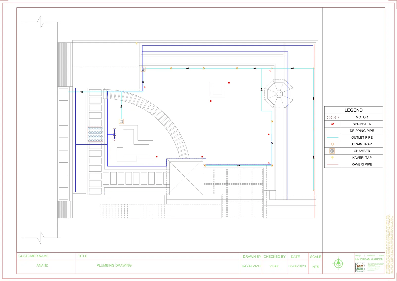 Plumbing Layout for Mr Anand’s project: The plumbing drawing shows the water supply, sprinklers, drip lines, outlets, drain traps and chambers.