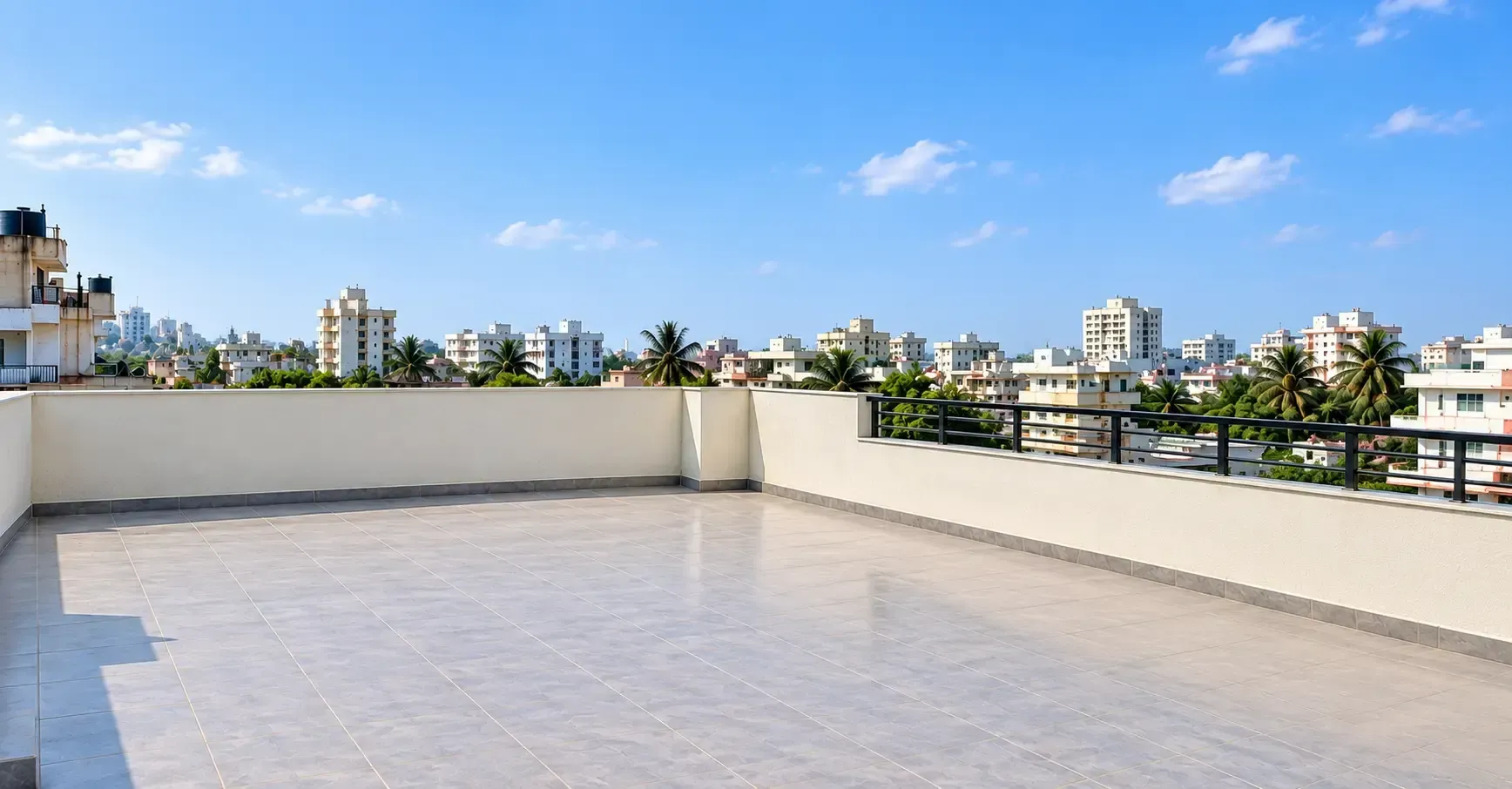 Open tiled rooftop terrace before the pergola enclosure shown in the design comparison