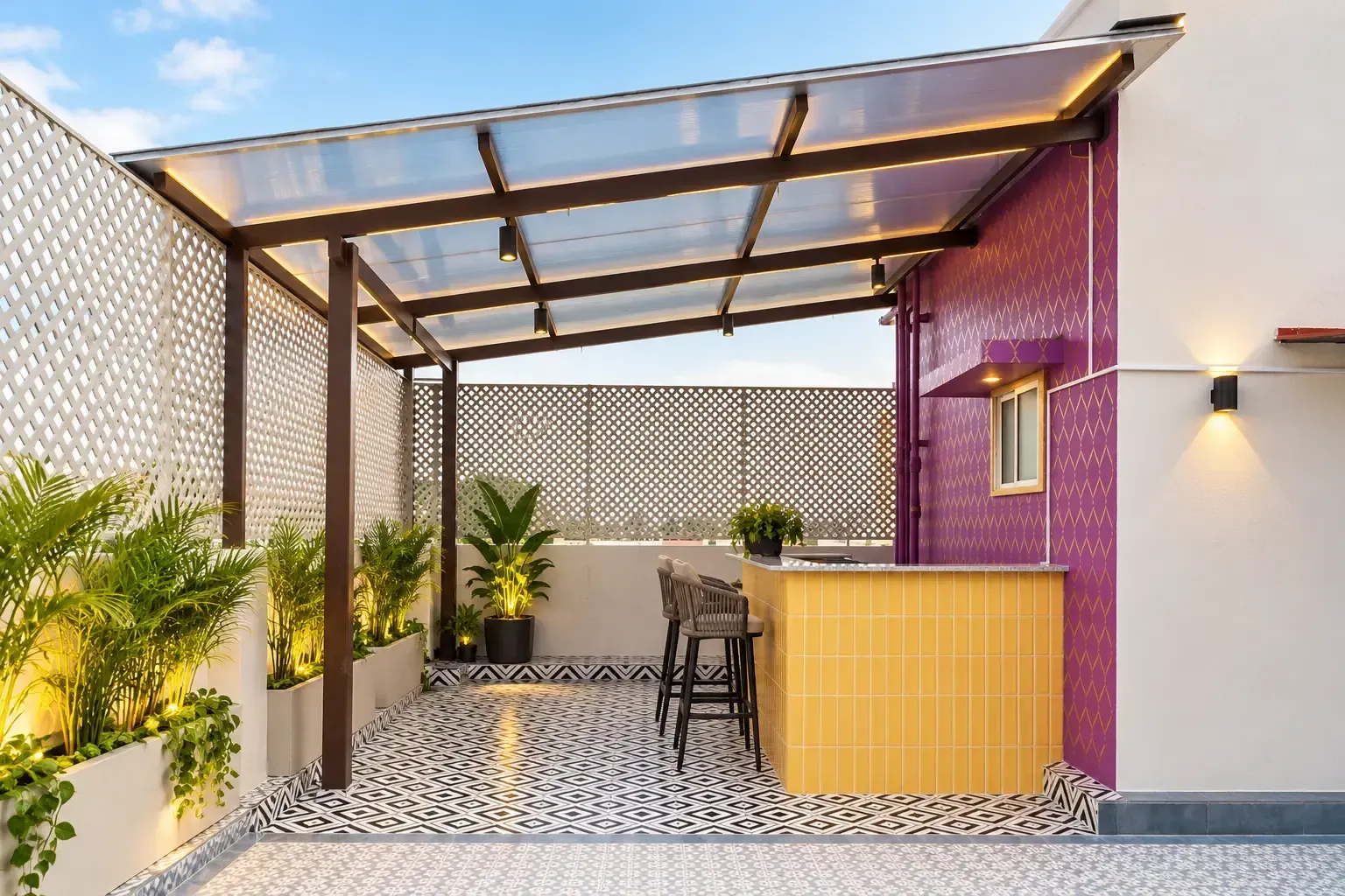 PUF sheet pergola with terrace bar counter and lattice screens