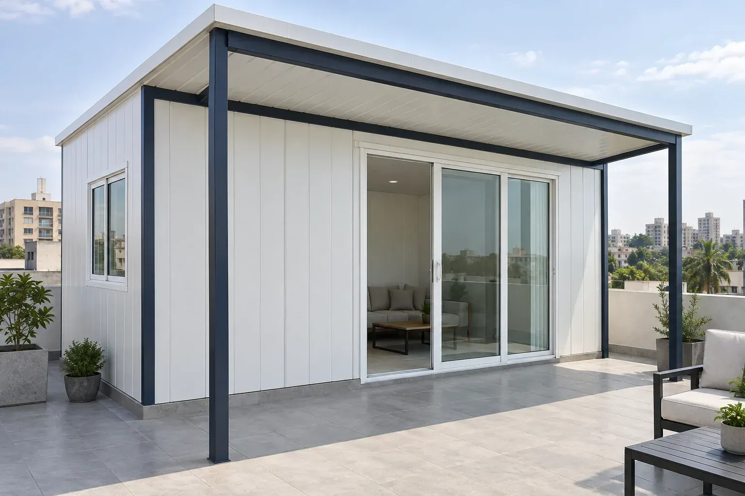 Design illustration of a rooftop enclosure with white PUF wall panels, dark framing, a side window and sliding doors beneath a sloping pergola roof