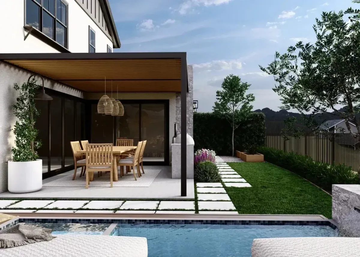 Sheltered residential patio with a dining table, a finished ceiling and an adjoining lawn