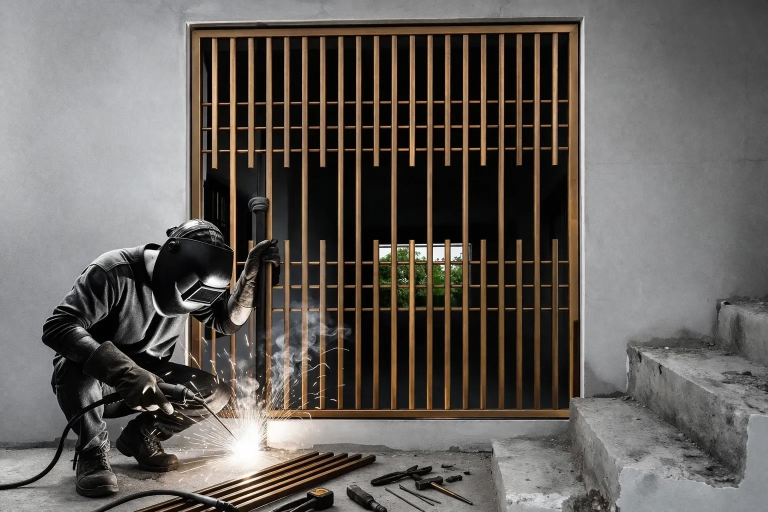 Vertical-bar safety gate with metal fabrication work