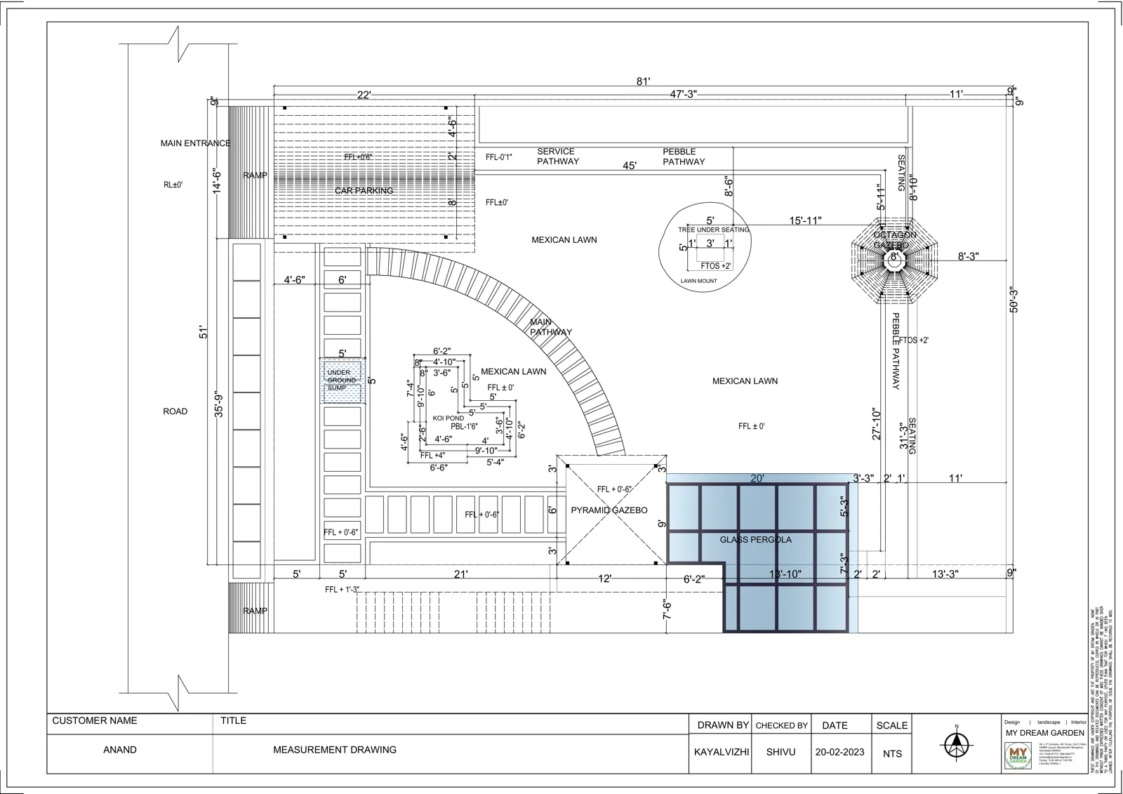 Setting-out Plan for Mr Anand’s project: The setting-out drawing records dimensions, positions and levels for the planned outdoor spaces.