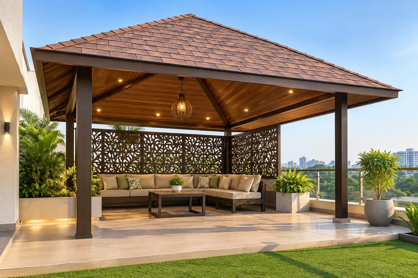 Design visualisation: Angled view of a shingles gazebo with dark metal pillars and a pitched timber-tone ceiling