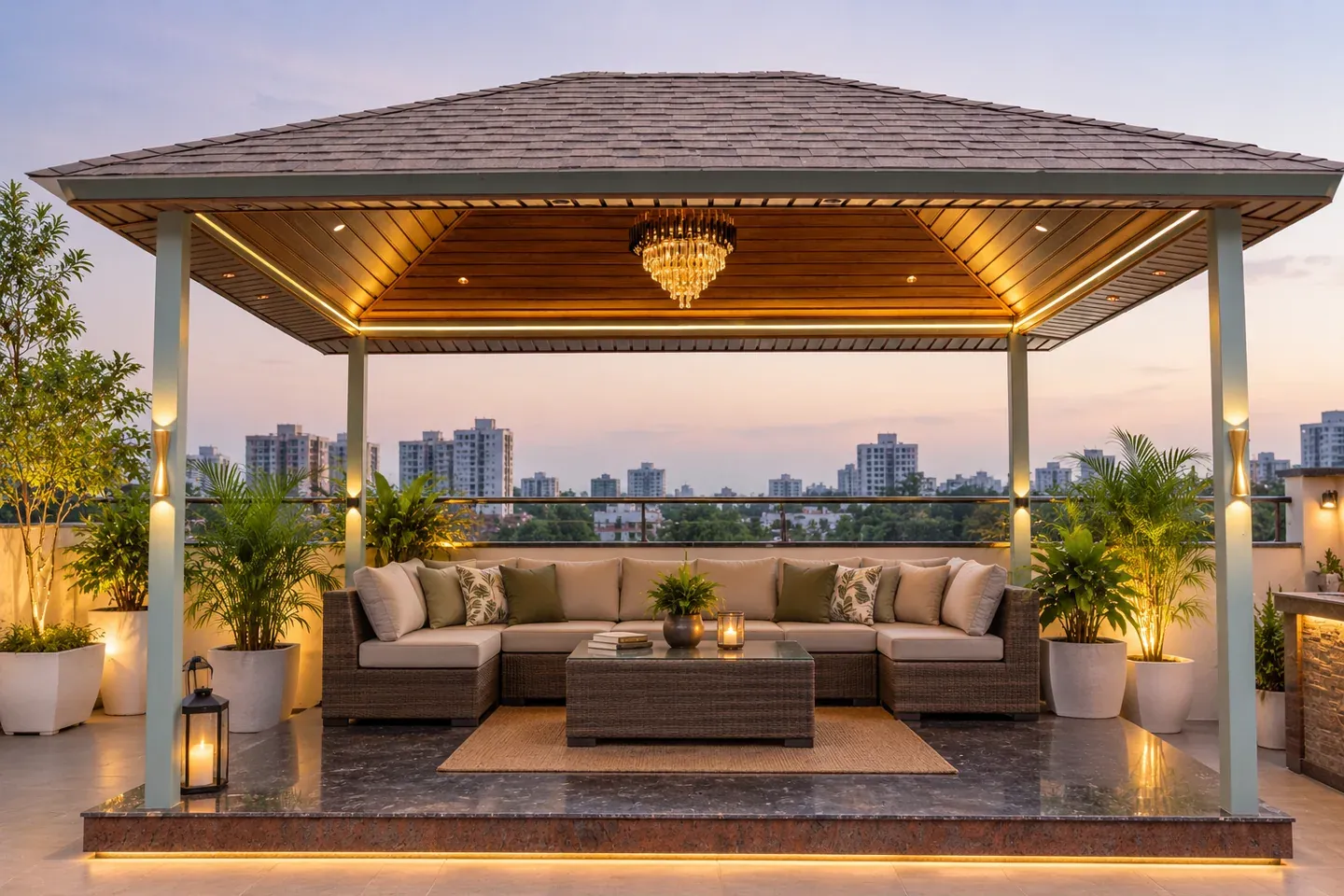 Design visualisation of a rooftop shingles pergola at sunset with a timber-tone ceiling, warm lighting and a furnished lounge