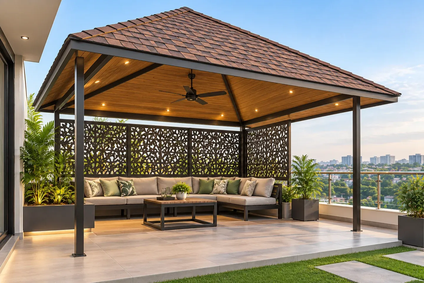 Design visualisation showing a shingles roof, metal framework, finished ceiling and privacy panels around an outdoor lounge