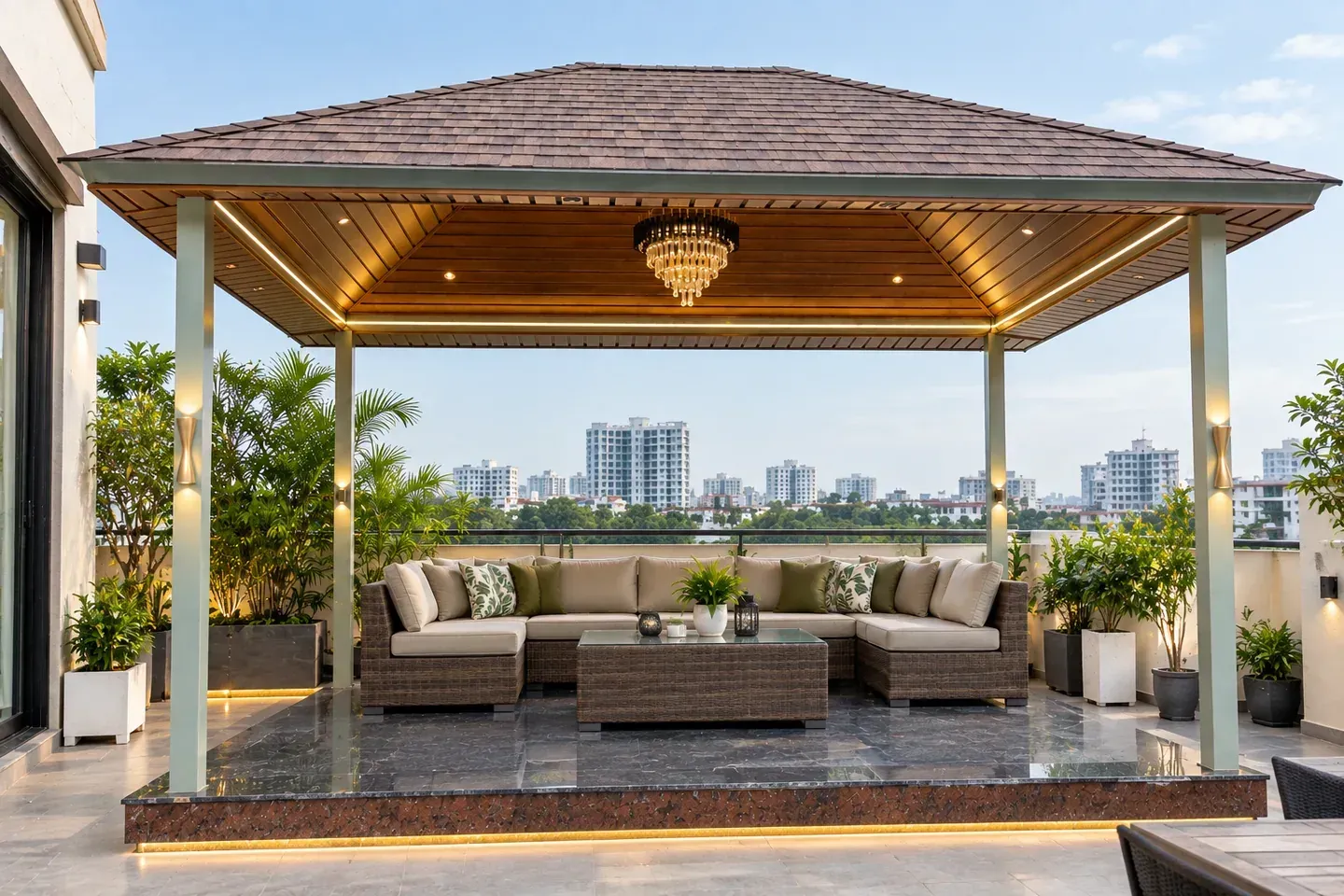 Design visualisation of a furnished rooftop shingles pergola with slender metal pillars and a city view
