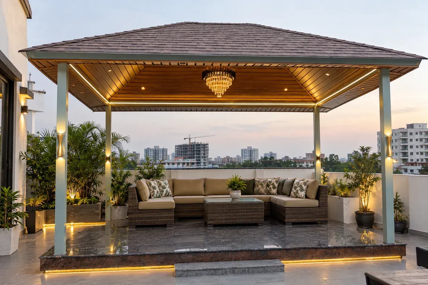 Design visualisation: Shingles pergola with a chandelier, finished ceiling and terrace seating at twilight