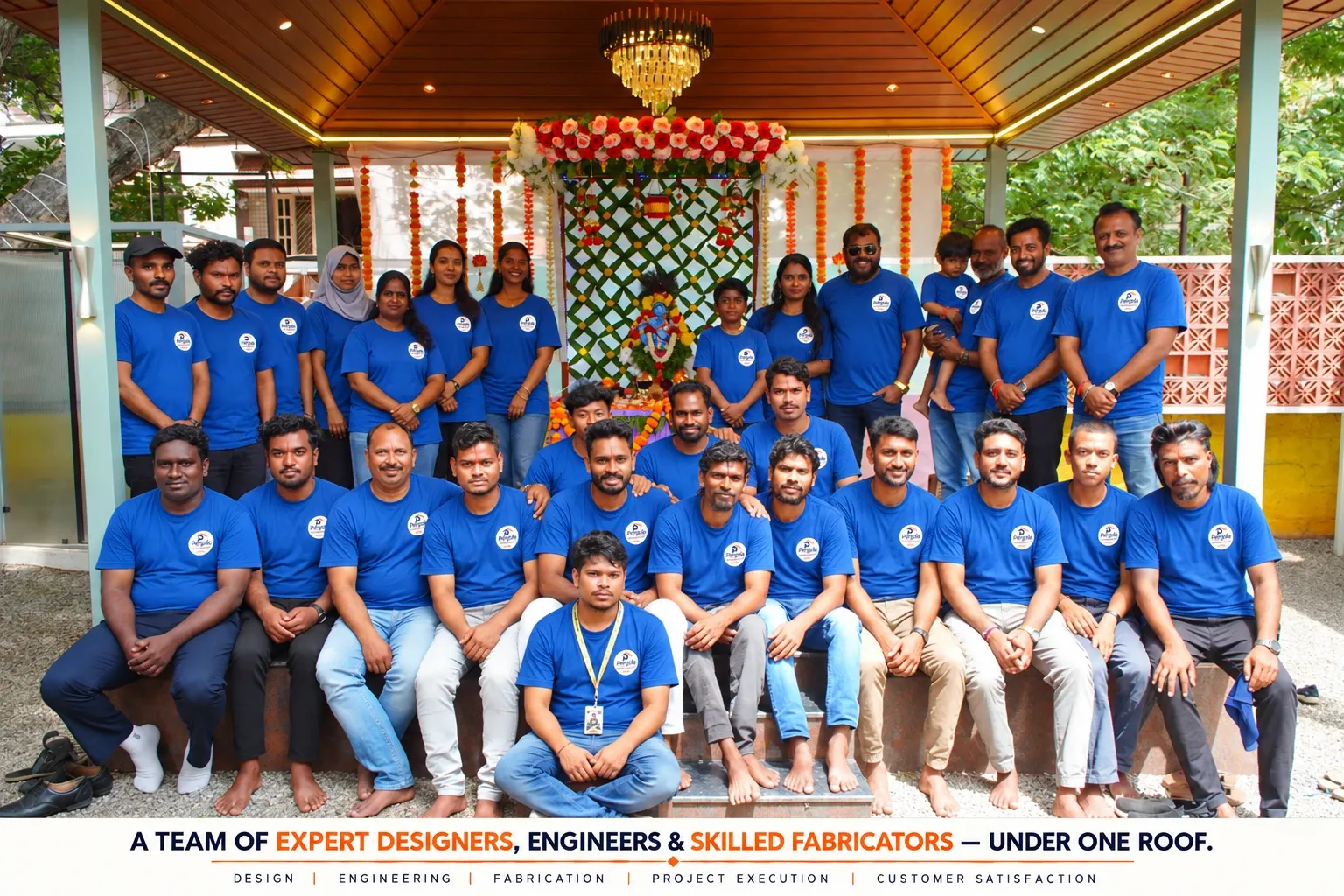 Pergola Design.in team in blue branded shirts gathered beneath a premium wood-finish pergola