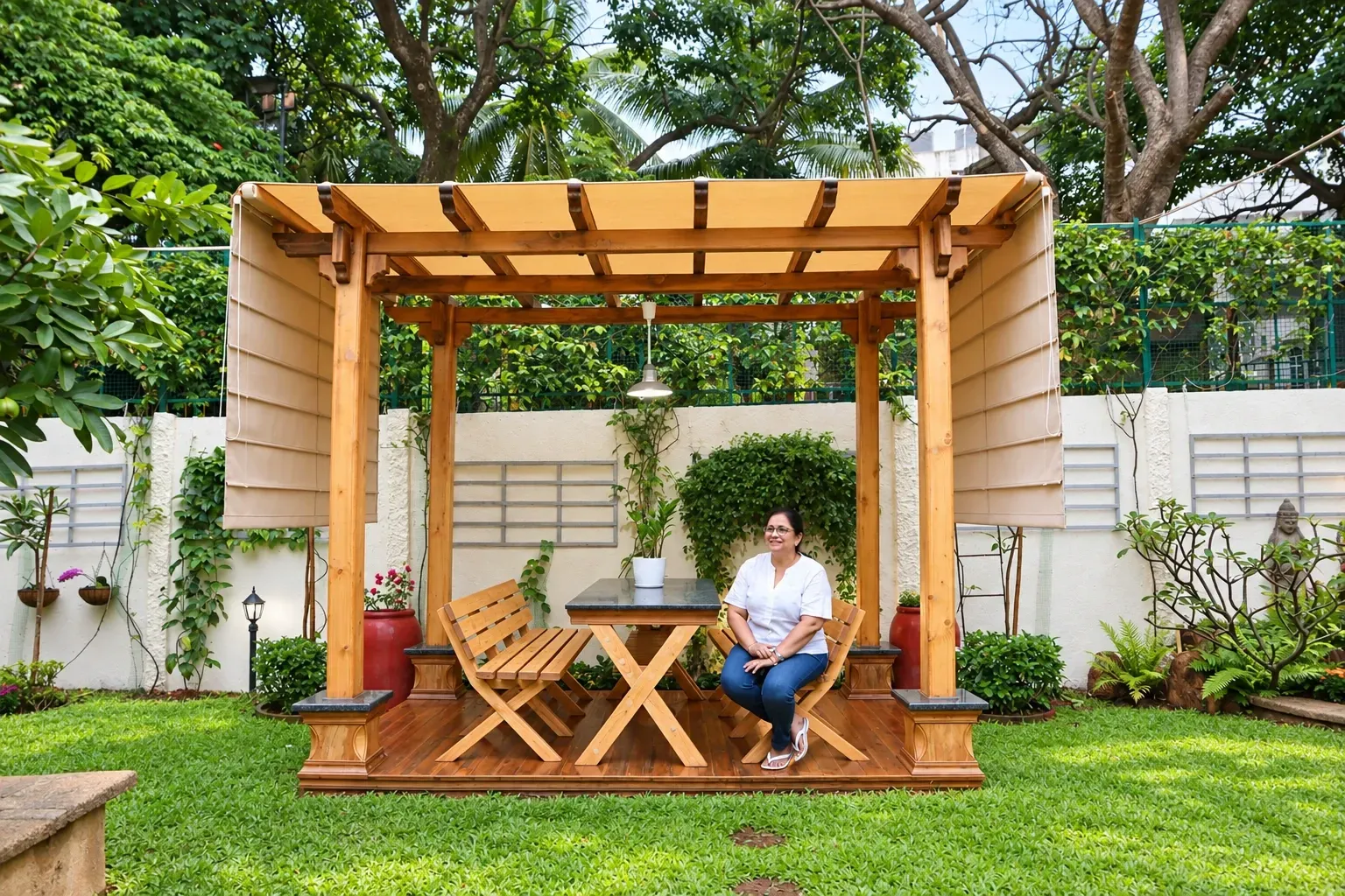 Man seated beneath a wood-finish garden pergola
