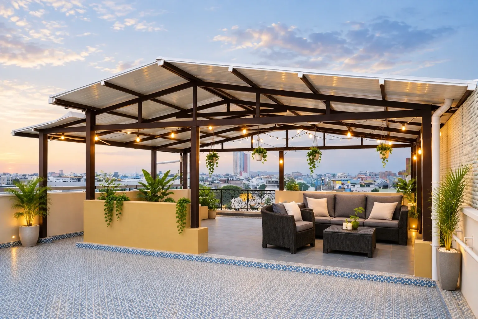 Covered rooftop lounge with a pitched roof, exposed metal framework, string lights and outdoor seating